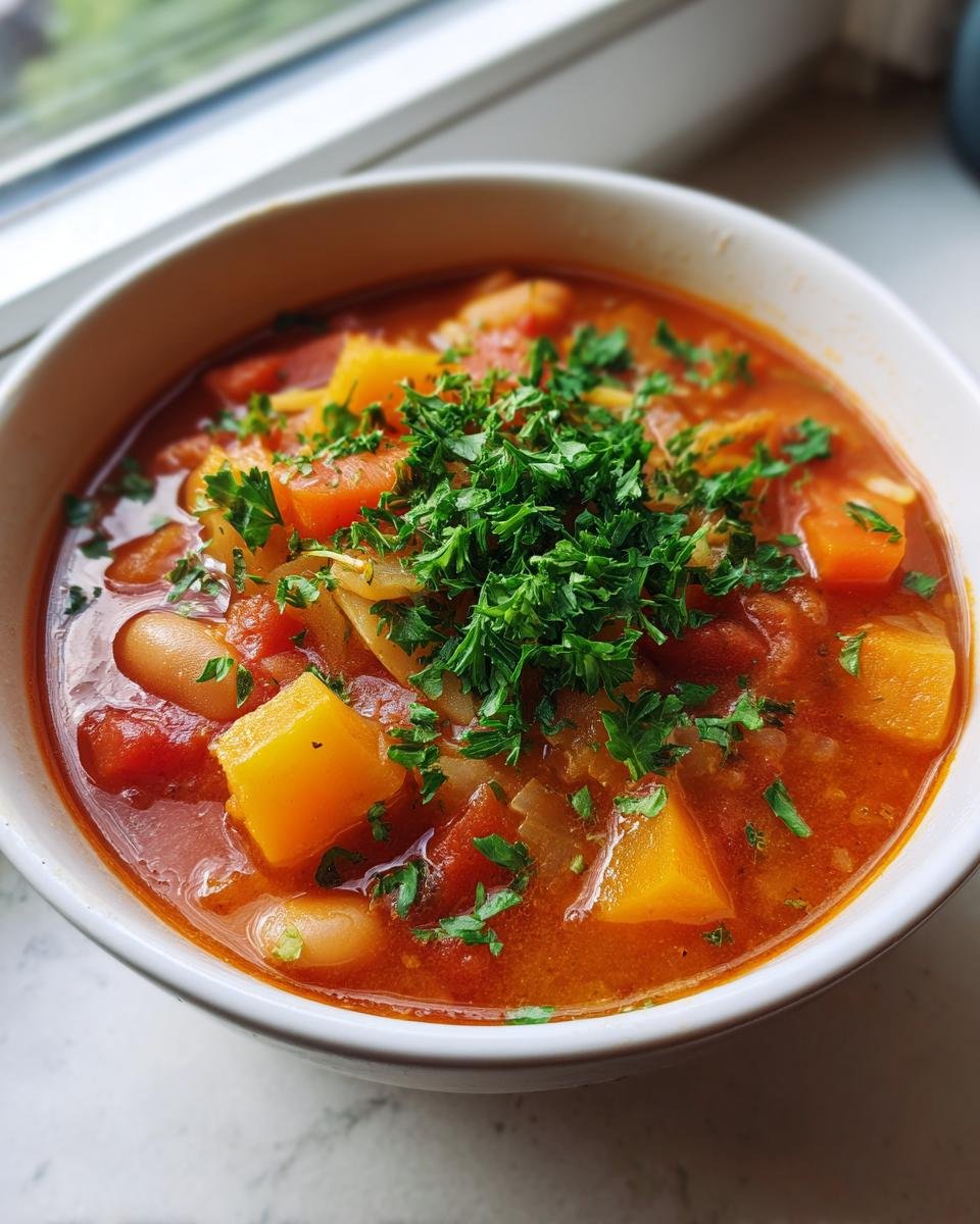 Close-up of a bowl of Cozy Fall Minestrone Soup, rich with vegetables and topped with fresh parsley.