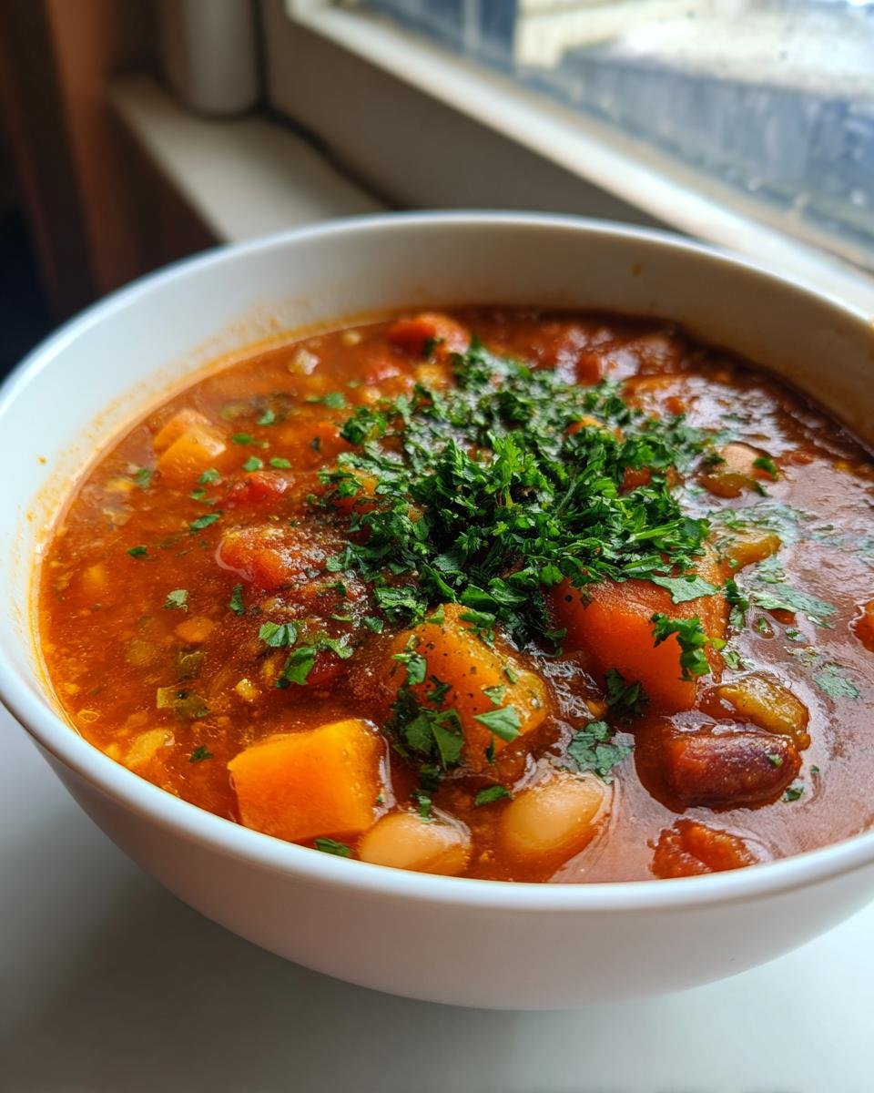 Close-up of a bowl of Cozy Fall Minestrone Soup, rich red broth with squash and beans, topped with fresh parsley.