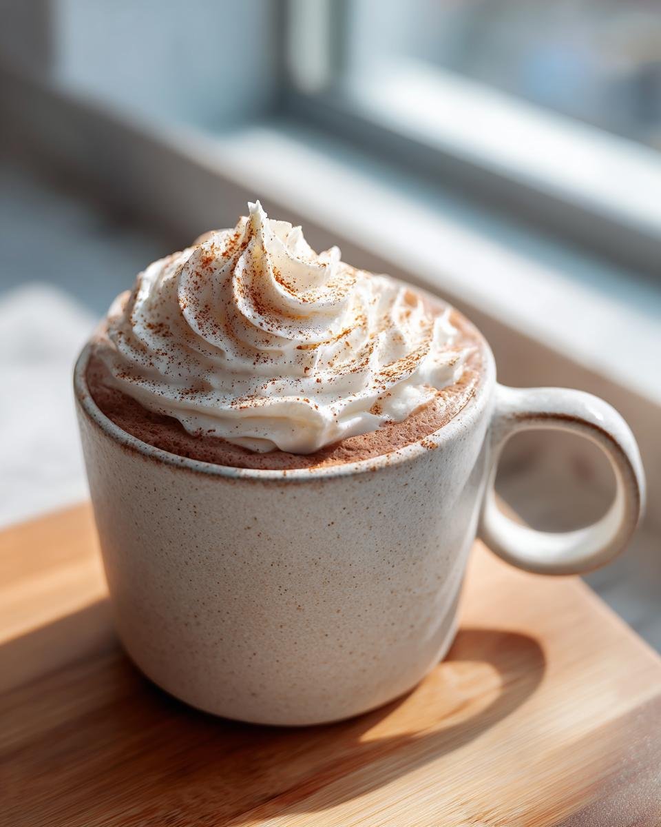 A cozy gingerbread latte topped high with whipped cream and a dusting of spice.