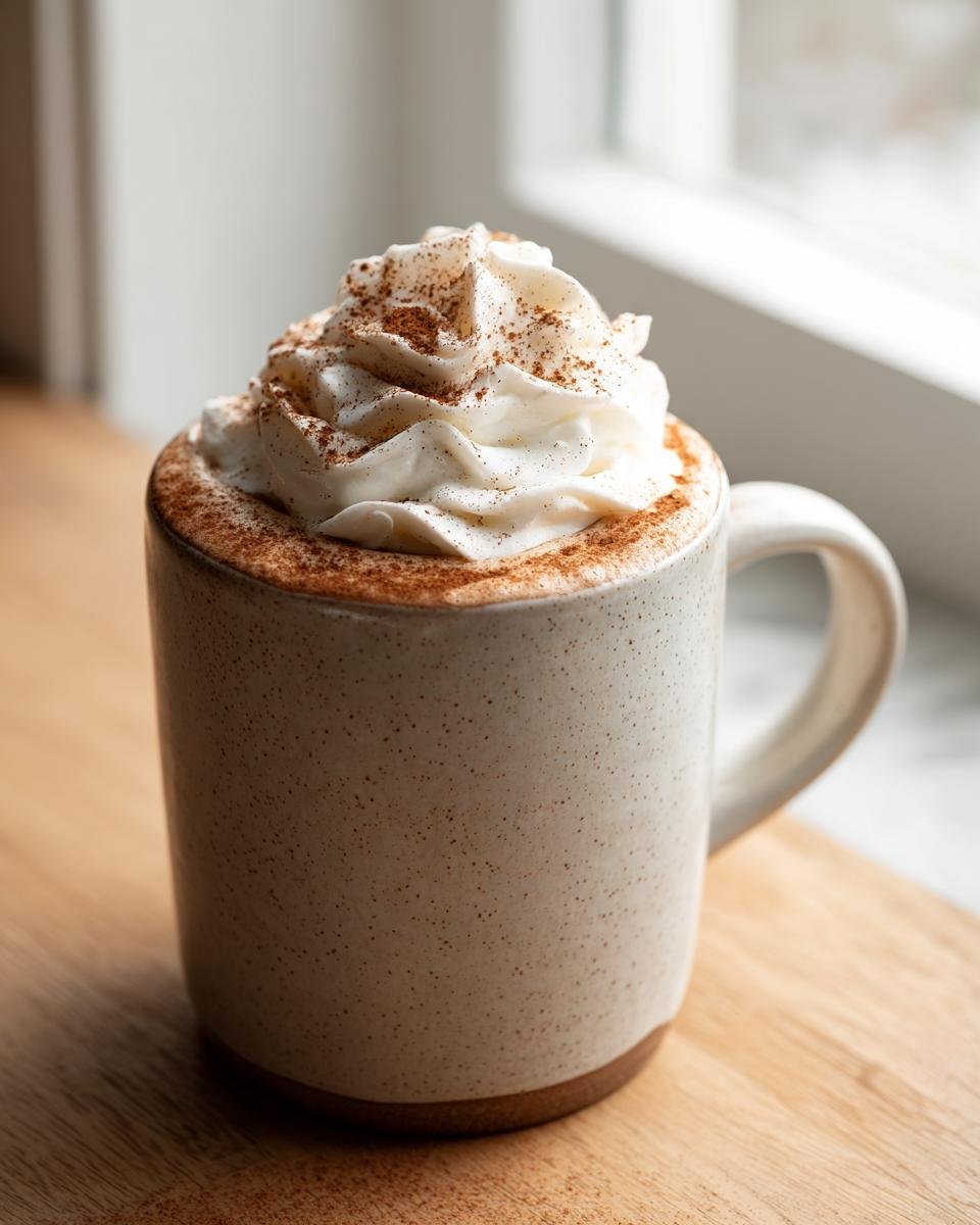 Close-up of a Cozy Gingerbread Latte Recipe topped with whipped cream and cinnamon dusting in a speckled mug.