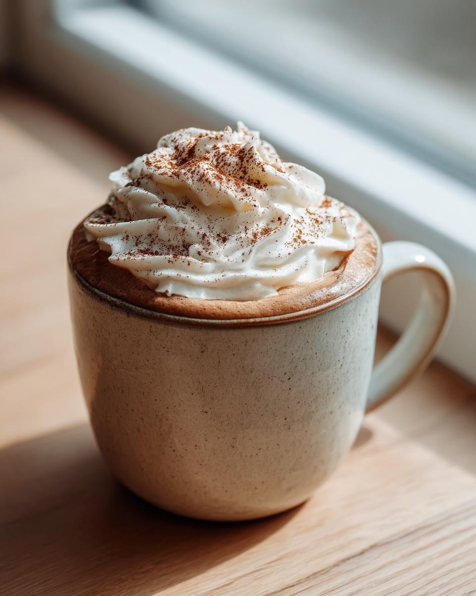 A close-up of a Cozy Gingerbread Latte Recipe topped with high whipped cream and a dusting of spice.