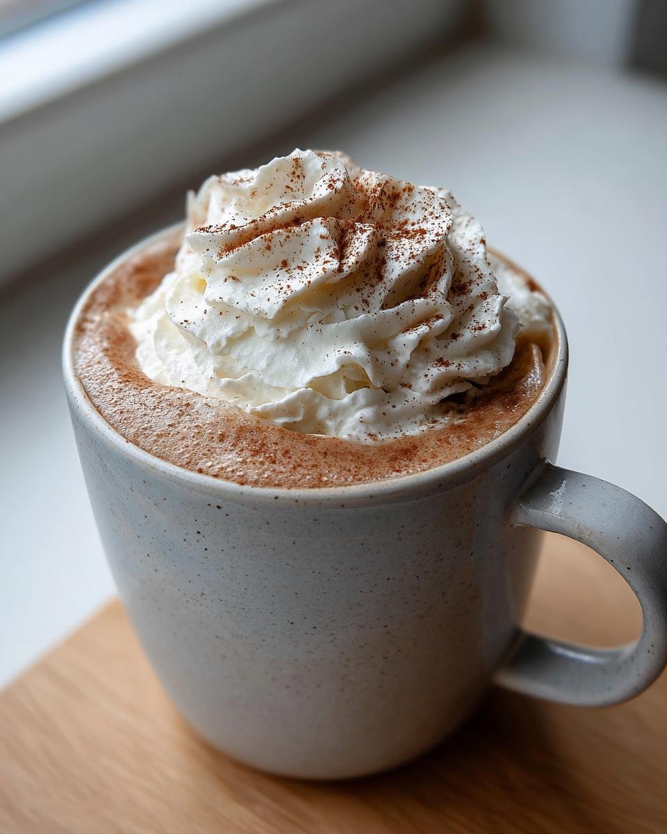 Close-up of a Cozy Gingerbread Latte Recipe topped with whipped cream and cinnamon.