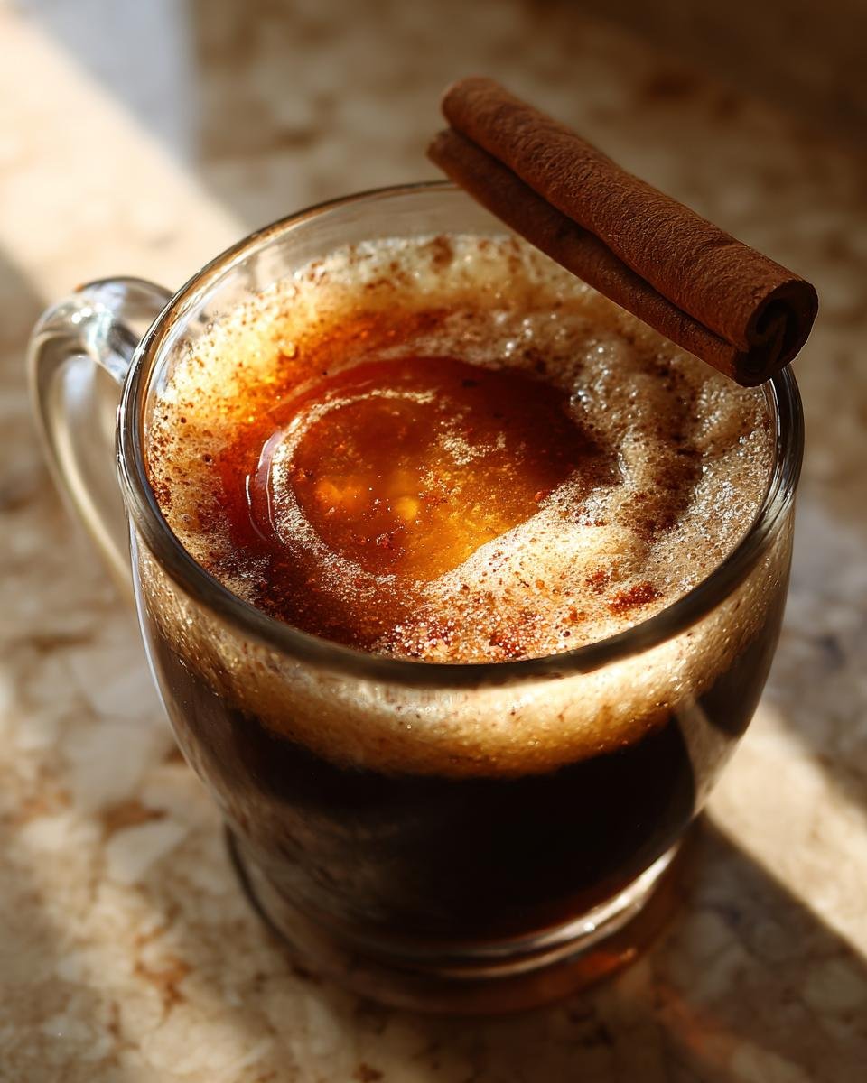 Close-up of a Cozy Hot Buttered Rum Recipe drink in a glass mug, topped with foam and a cinnamon stick.