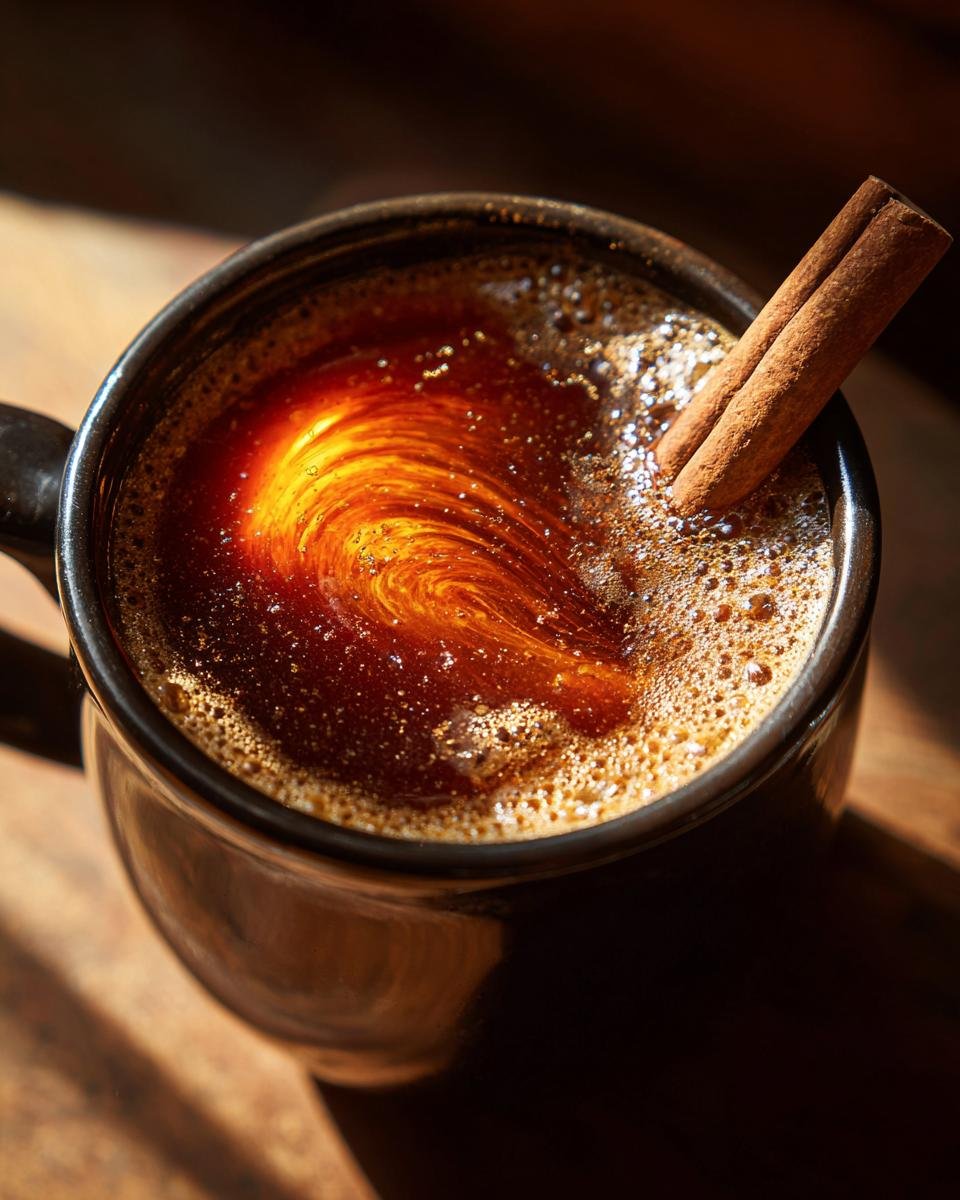 Close-up of a dark mug containing a Cozy Hot Buttered Rum Recipe, showing butter swirling into the dark liquid, garnished with a cinnamon stick.
