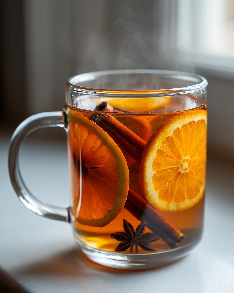 Close-up of hot Cozy Mulled Apple Cider Recipe in a glass mug with orange slices, cinnamon sticks, and star anise.