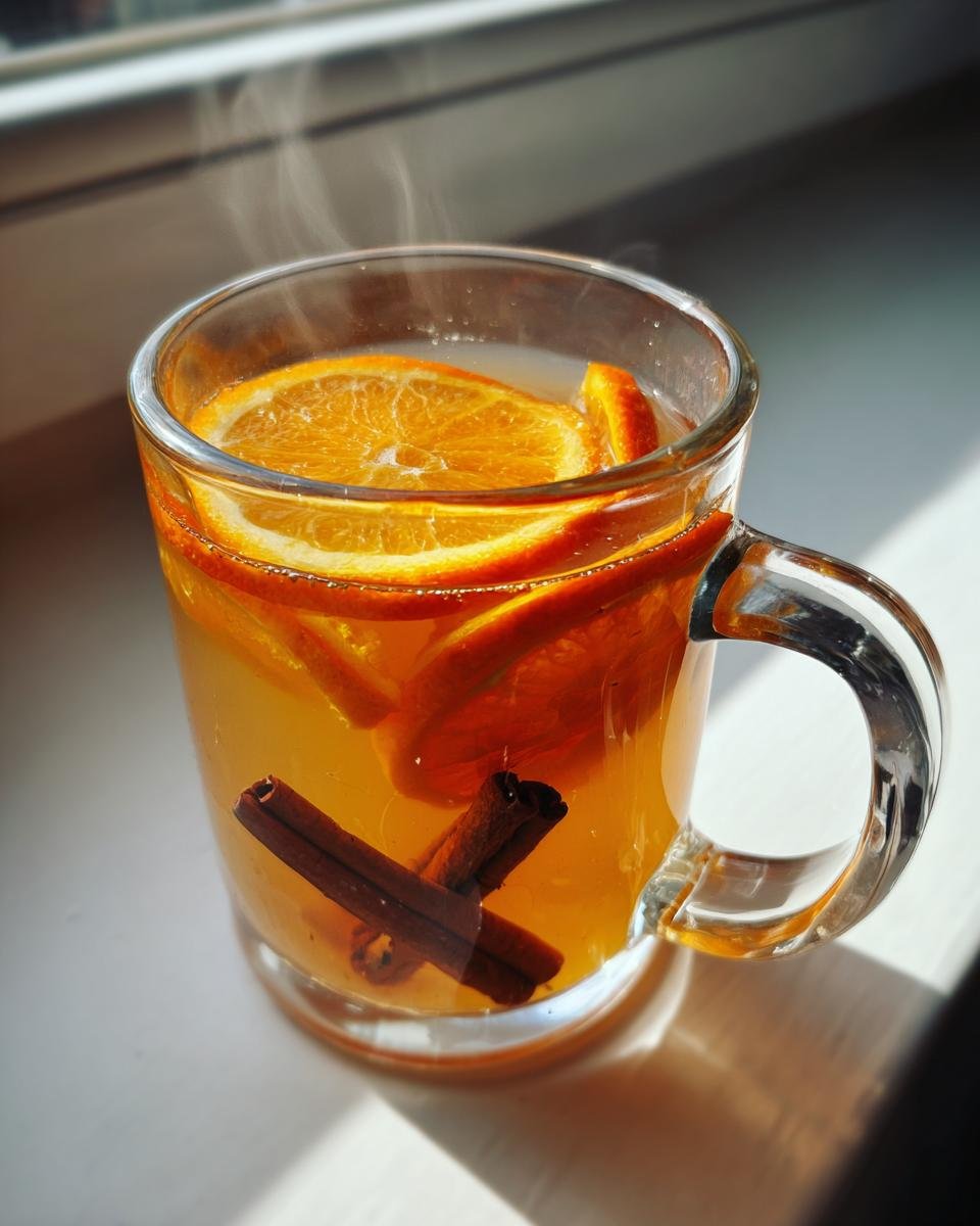 A steaming glass mug filled with Cozy Mulled Apple Cider, garnished with orange slices and cinnamon sticks.