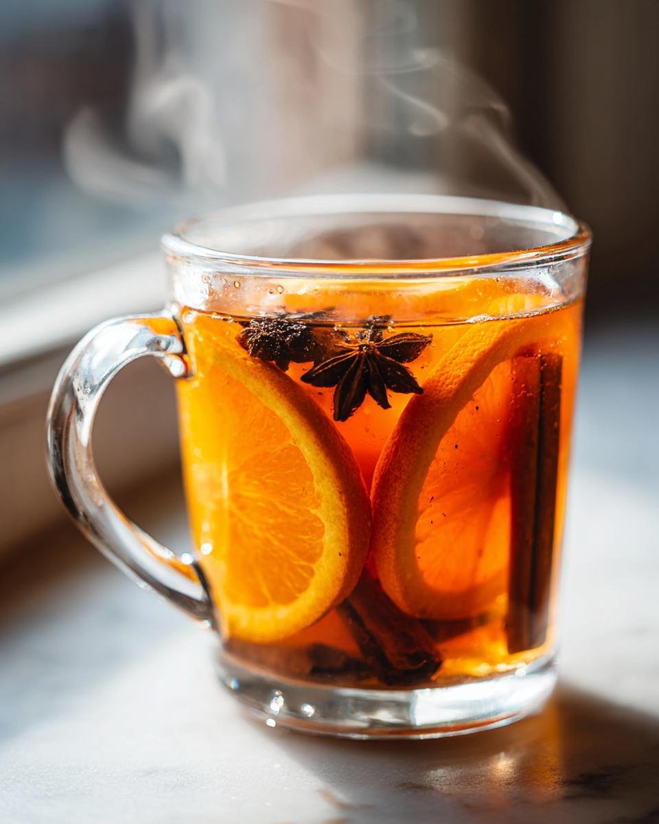 Close-up of a steaming glass mug filled with Cozy Mulled Apple Cider, garnished with orange slices, star anise, and cinnamon sticks.