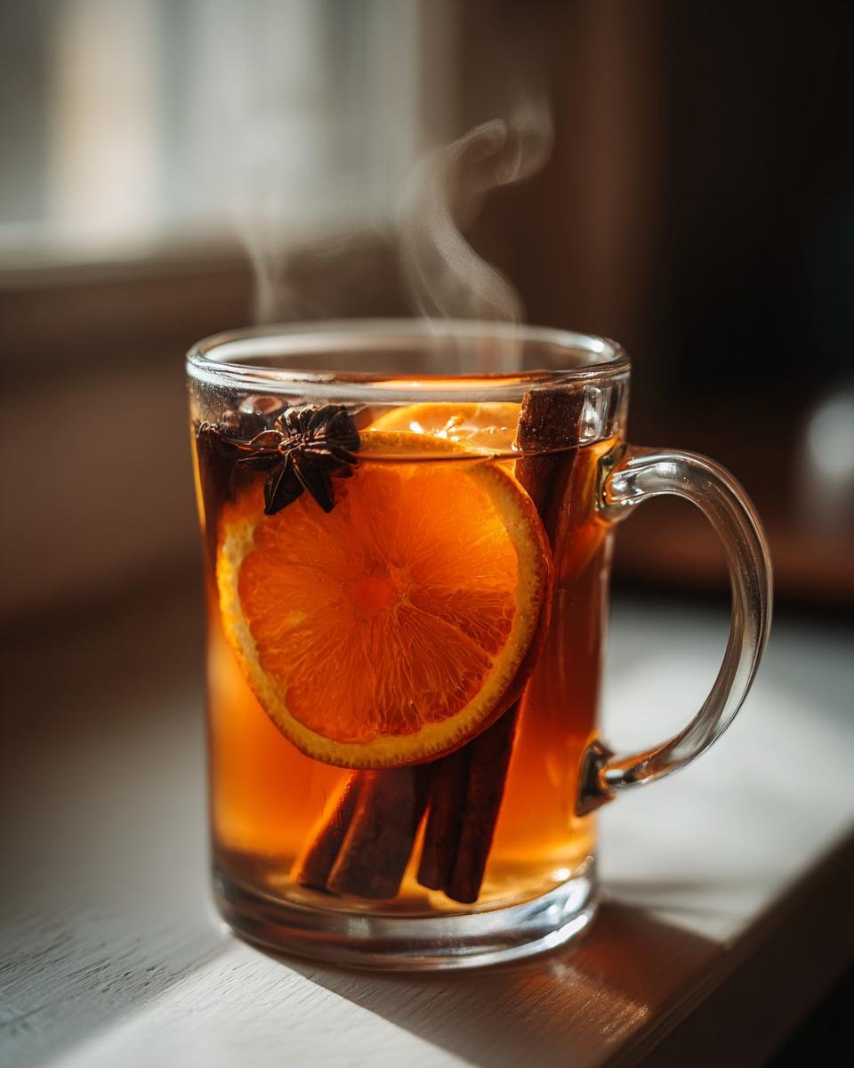 Close-up of steaming Cozy Mulled Apple Cider Recipe garnished with an orange slice, cinnamon sticks, and star anise.