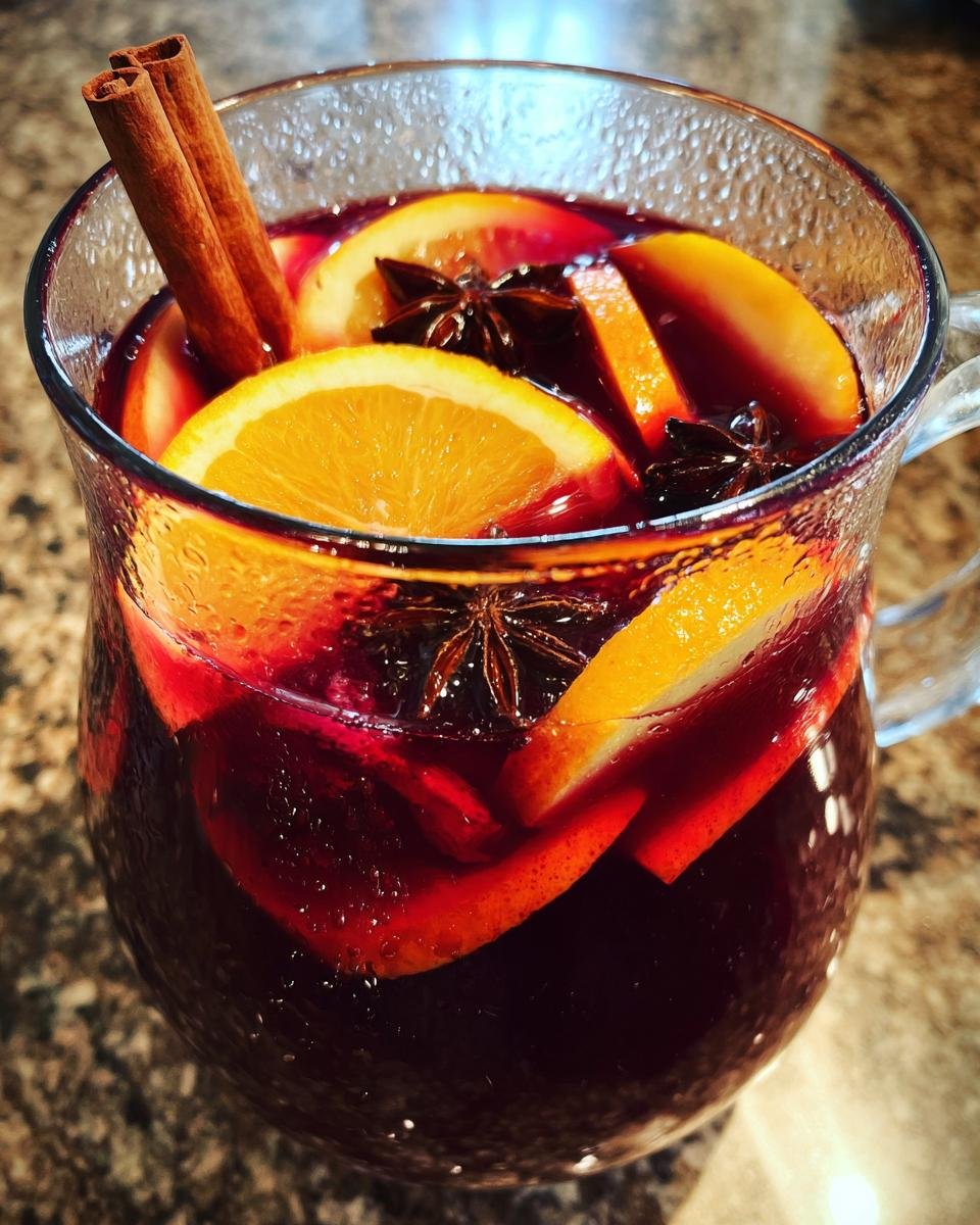 A close-up of a glass filled with Cozy Spiced Winter Sangria, garnished with orange slices, cinnamon sticks, and star anise.