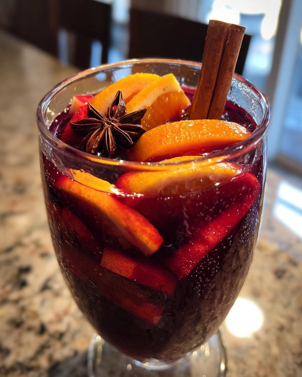 Close-up of a glass filled with Cozy Spiced Winter Sangria, garnished with orange slices, a cinnamon stick, and star anise.