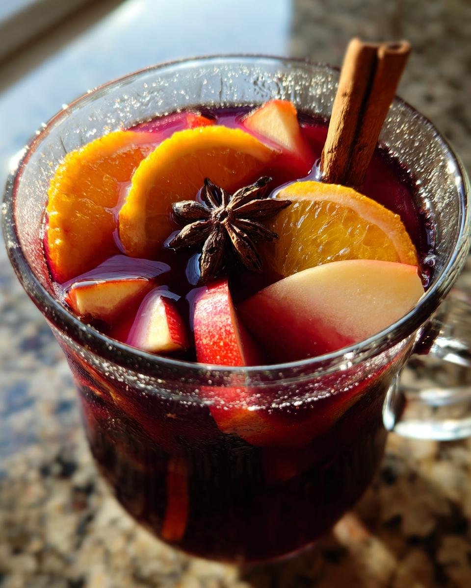 A close-up of a glass filled with Cozy Spiced Winter Sangria, garnished with orange slices, apple chunks, star anise, and a cinnamon stick.