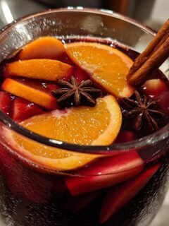 Close-up of a glass mug filled with Cozy Spiced Winter Sangria, garnished with orange slices, star anise, and a cinnamon stick.