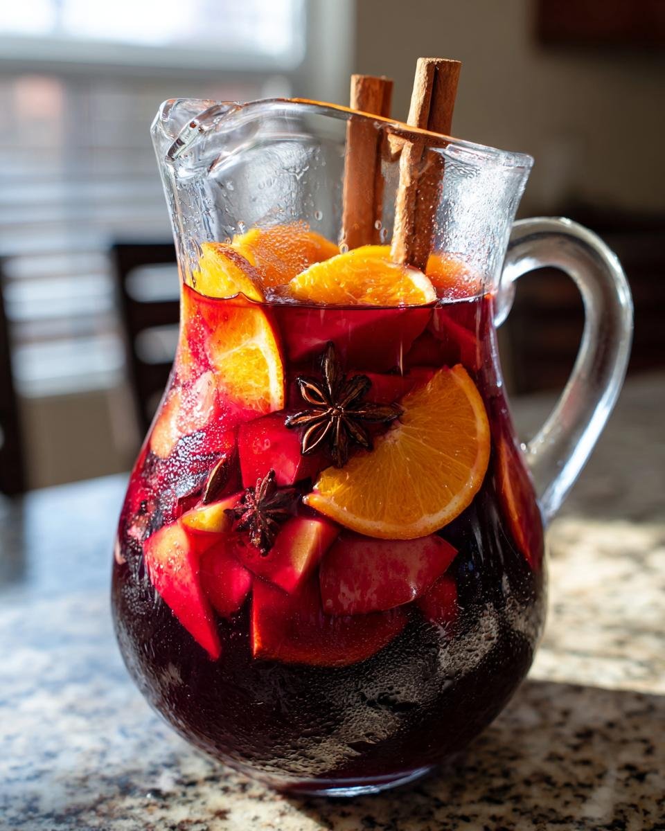 A glass pitcher filled with deep red Cozy Spiced Winter Sangria, garnished with orange slices, apples, cinnamon sticks, and star anise.