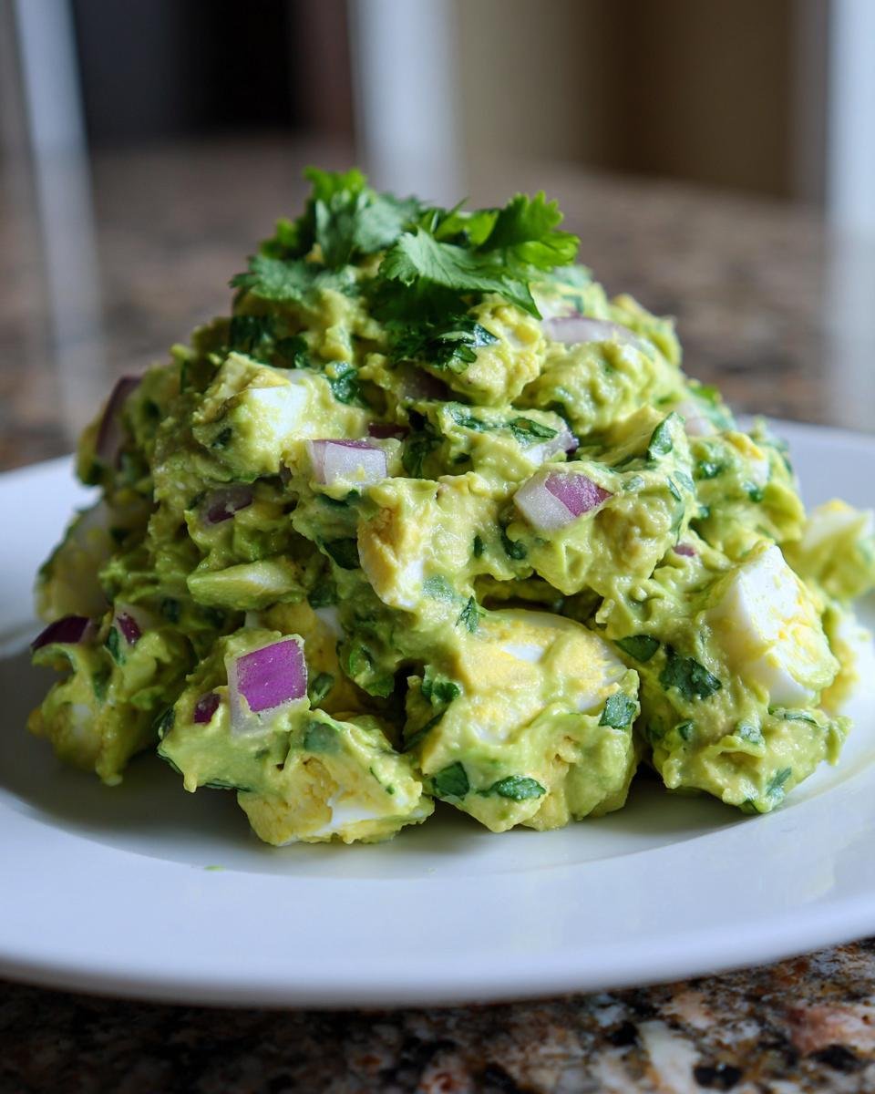 A mound of Creamy Avocado Egg Salad No Mayo Flavorful Healthy garnished with fresh cilantro on a white plate.