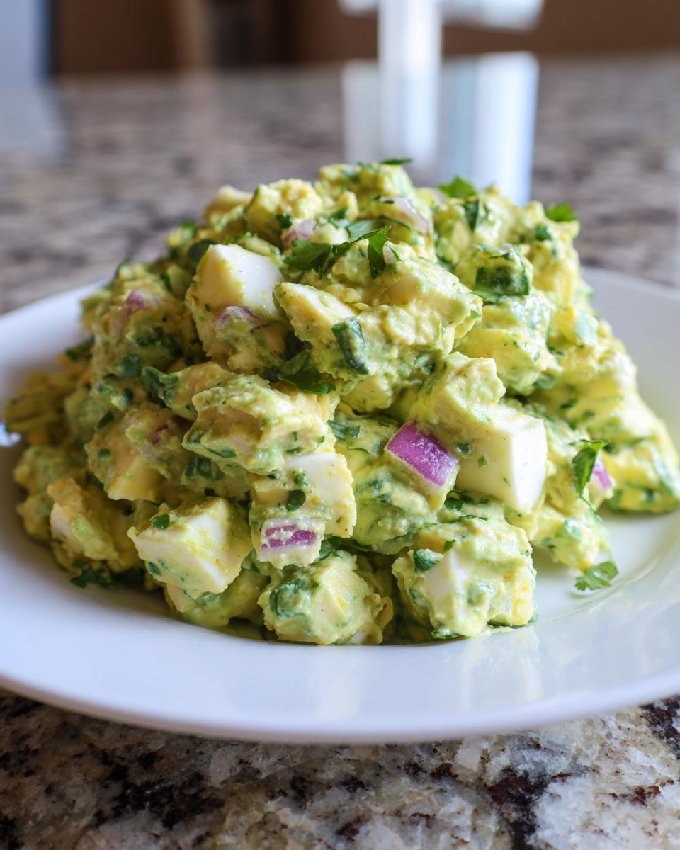 A mound of Creamy Avocado Egg Salad No Mayo Flavorful Healthy mixed with visible chunks of hard-boiled egg and red onion.