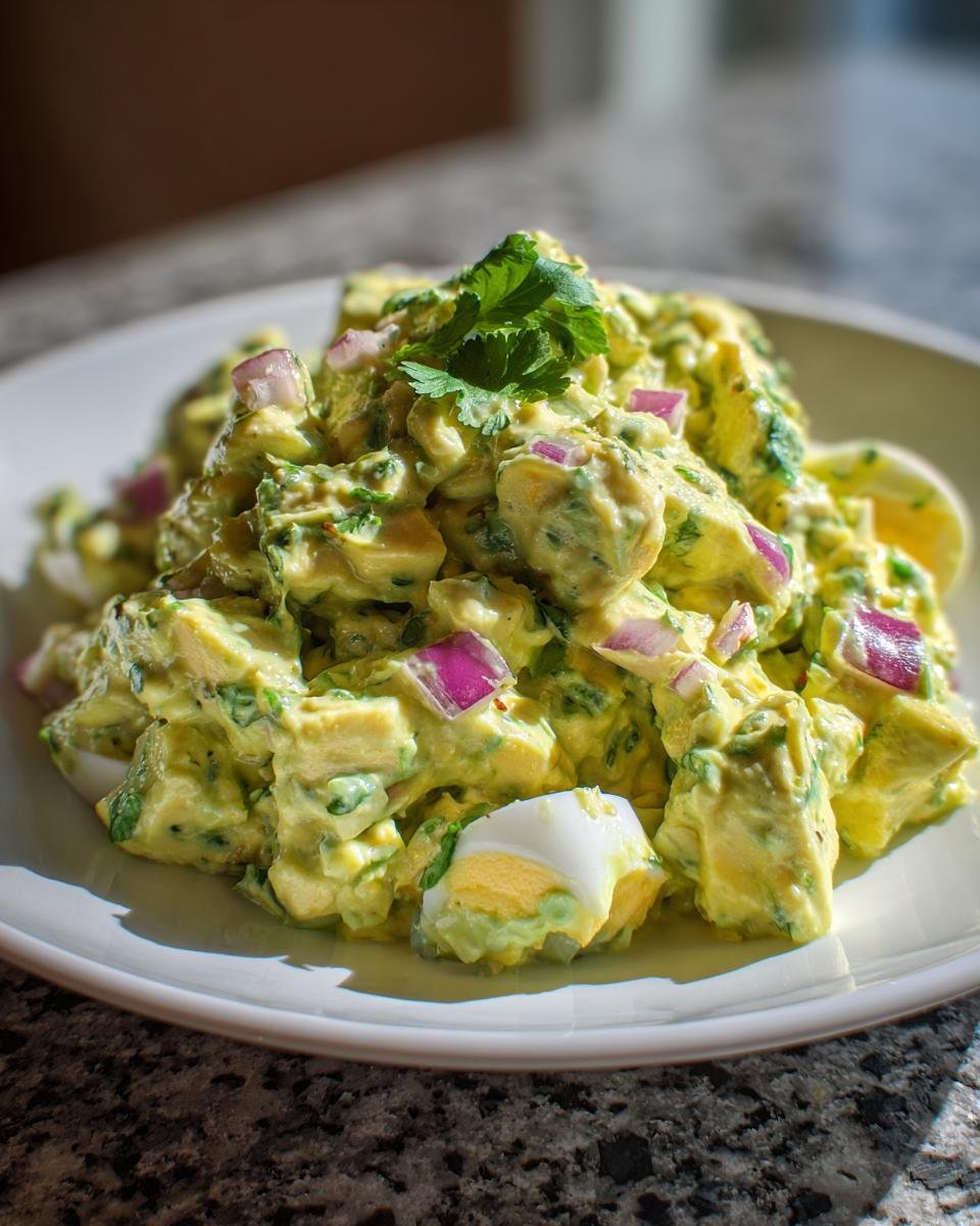 Close-up of Creamy Avocado Egg Salad No Mayo Flavorful Healthy topped with red onion and cilantro.
