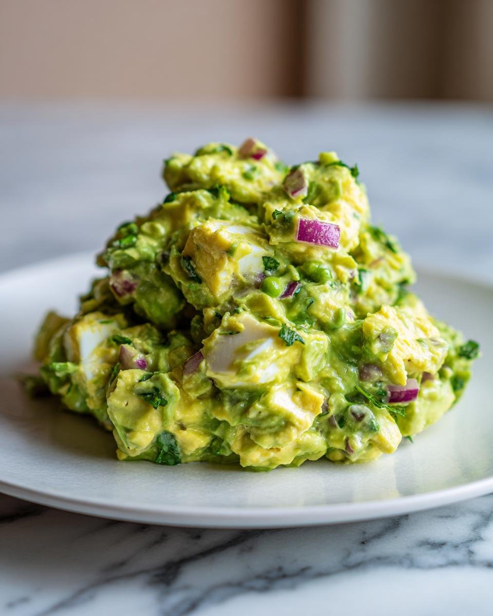 A mound of Creamy Avocado Egg Salad No Mayo Flavorful Healthy mixed with chunks of egg and red onion on a white plate.