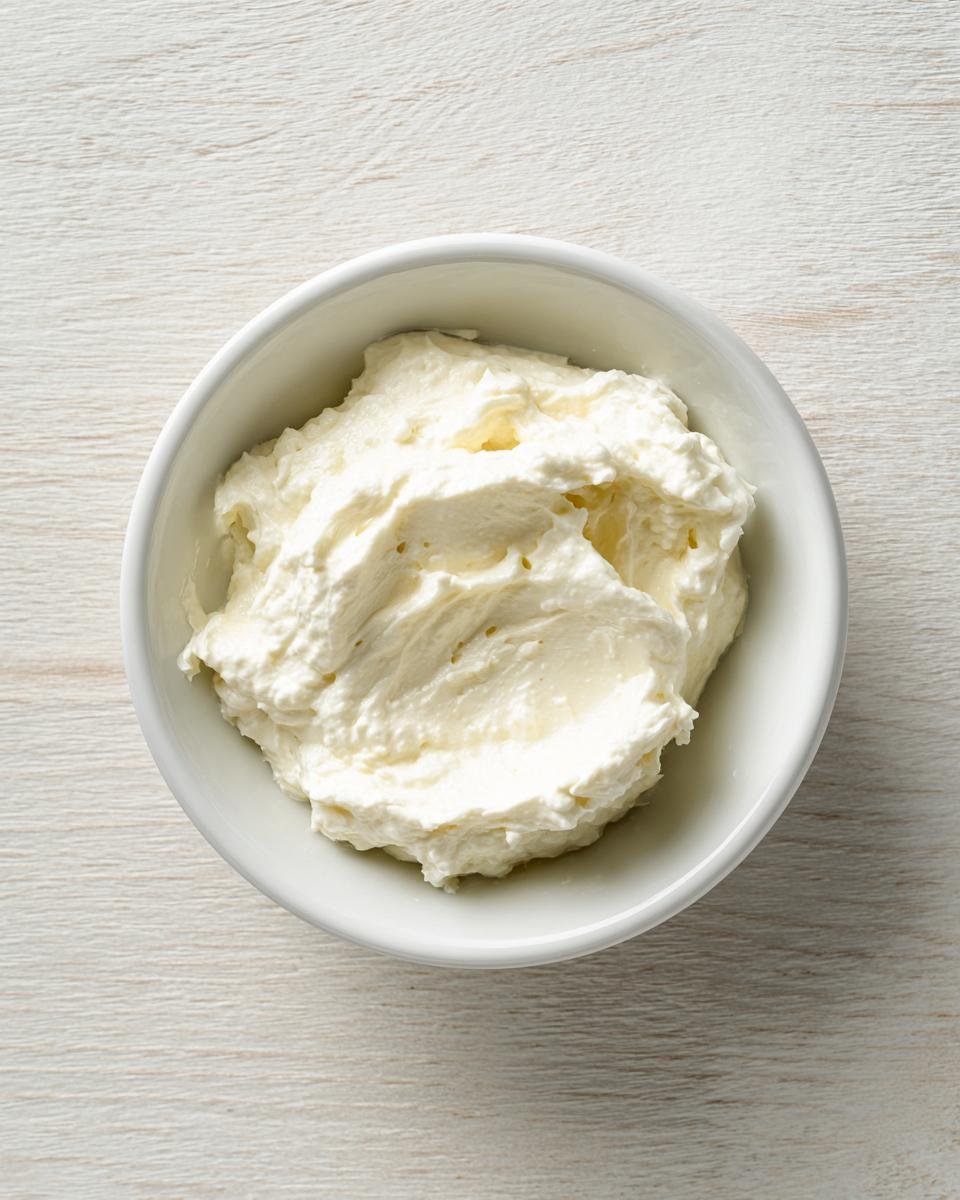 Overhead view of a white bowl containing the creamy base ingredient for Zesty Horseradish Sauce.