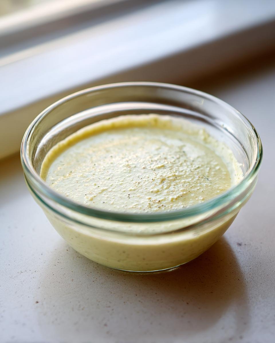 A small glass bowl filled with thick, creamy Caesar salad dressing, topped with pepper.