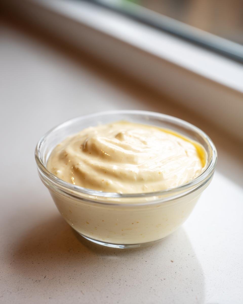 A small glass bowl filled with thick, creamy Caesar salad dressing recipe, sitting on a light countertop.