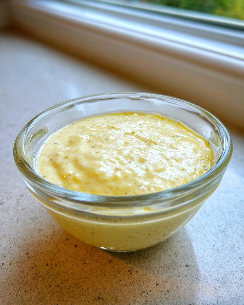 A small glass bowl filled with thick, yellow, homemade Creamy Caesar Salad Dressing Recipe For Ultimate Flavor.