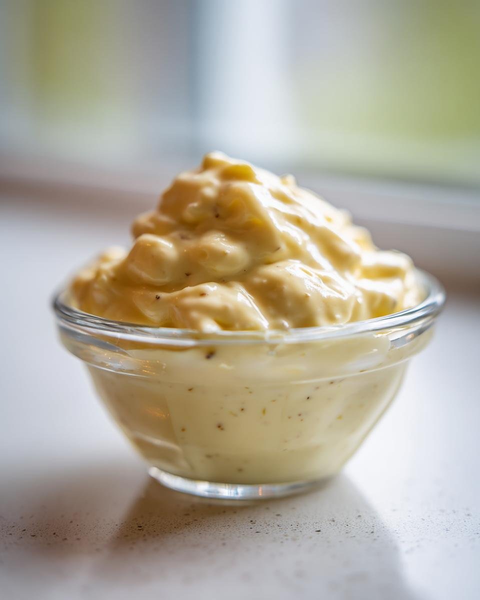 A small glass bowl filled with thick, creamy Caesar salad dressing, showing specks of pepper or seasoning.