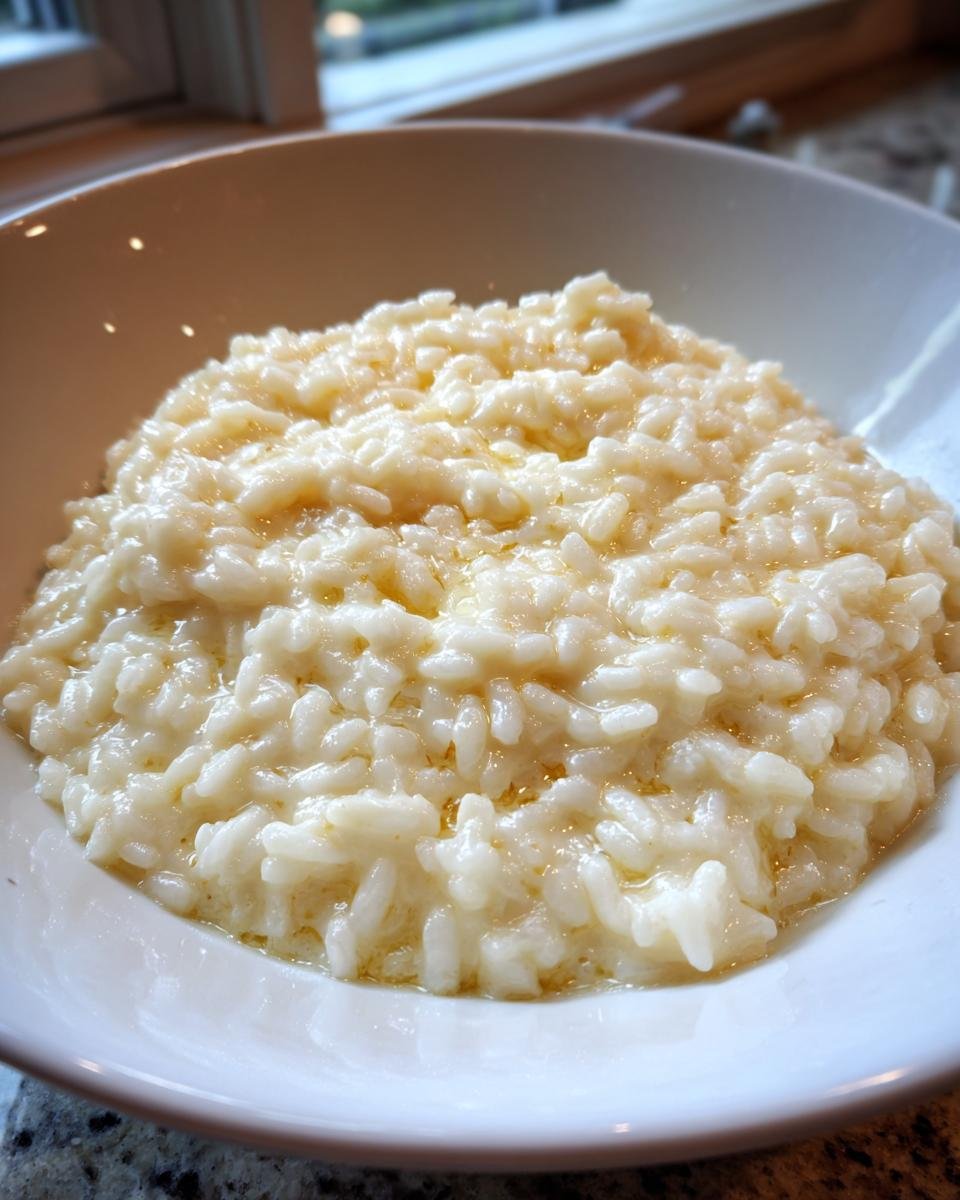 A close-up view of a bowl filled with rich, creamy simple risotto, glistening with melted butter or oil.
