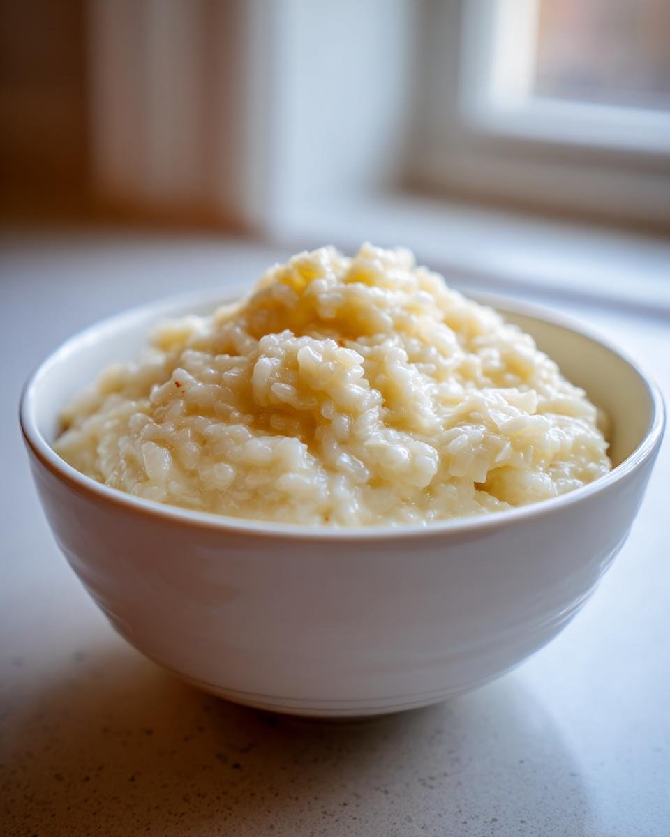 A close-up of a white bowl filled with rich, creamy simple risotto, ready to eat.