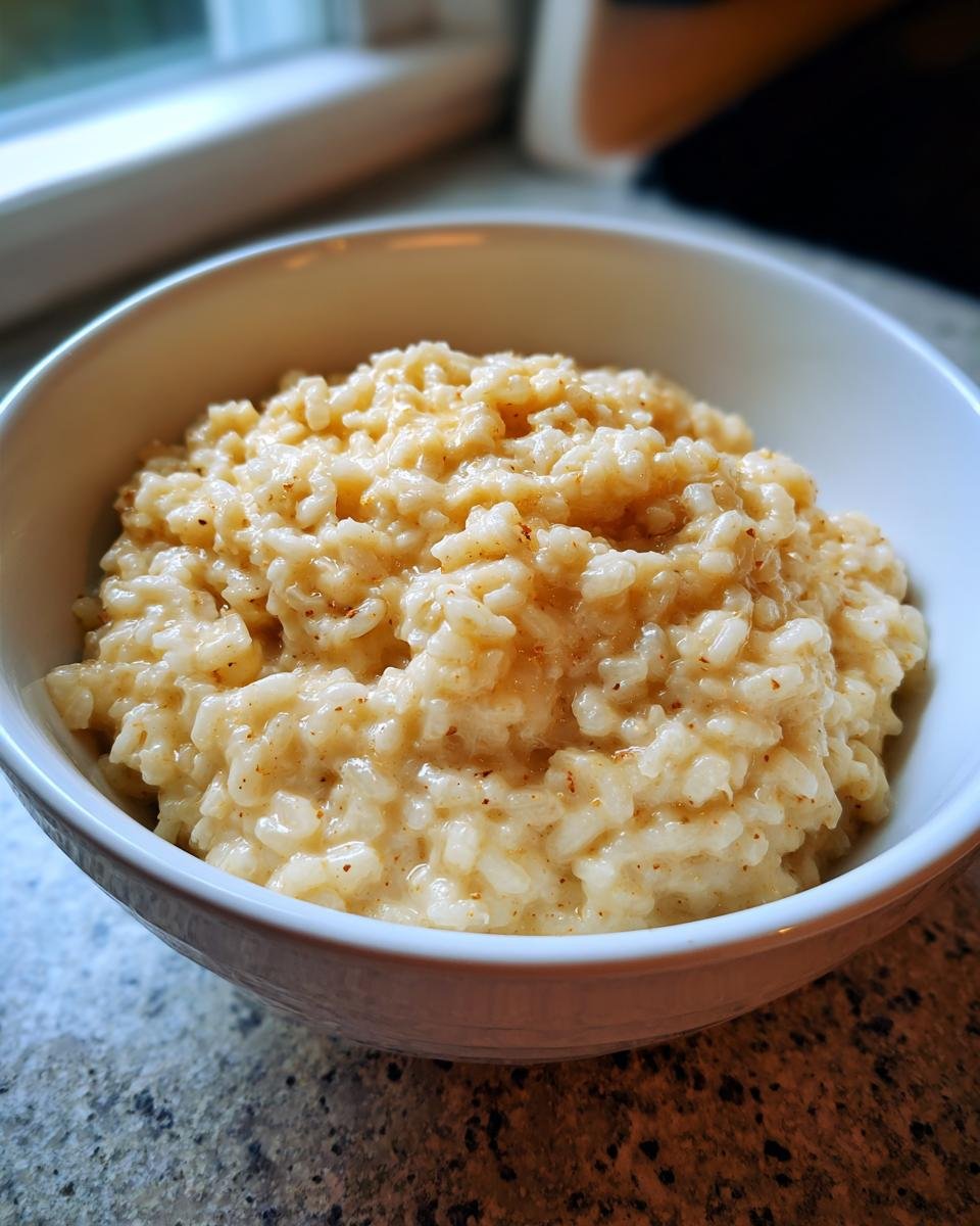 Close-up of a white bowl filled with rich, creamy simple risotto, lightly dusted with spice.