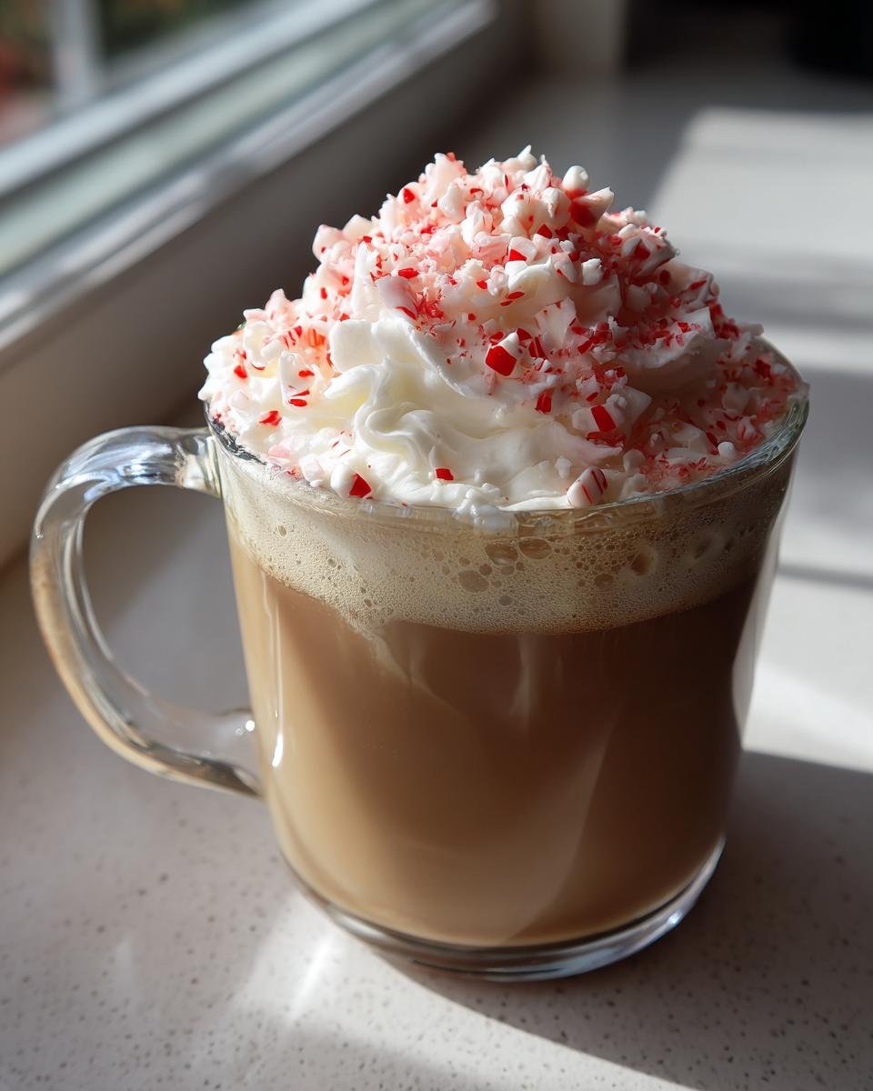 A clear glass mug filled with a creamy White Chocolate Peppermint Mocha, topped with whipped cream and crushed candy canes.
