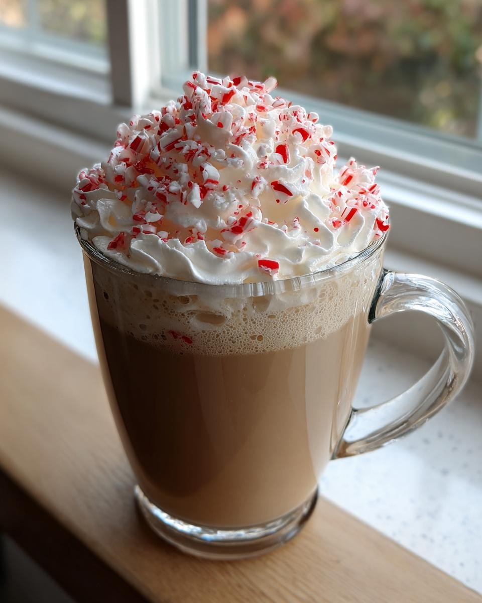 A creamy White Chocolate Peppermint Mocha in a clear mug, topped high with whipped cream and crushed candy canes.