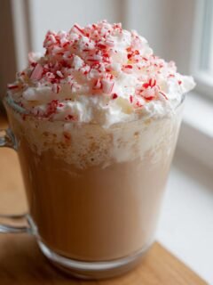 A creamy White Chocolate Peppermint Mocha topped with whipped cream and crushed candy canes in a clear mug.