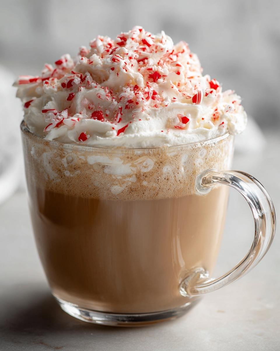 A clear glass mug filled with a creamy White Chocolate Peppermint Mocha, topped high with whipped cream and crushed peppermint candies.