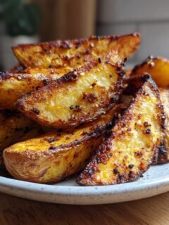 A close-up of perfectly cooked, crispy air fryer garlic roasted potato wedges piled on a small speckled plate.