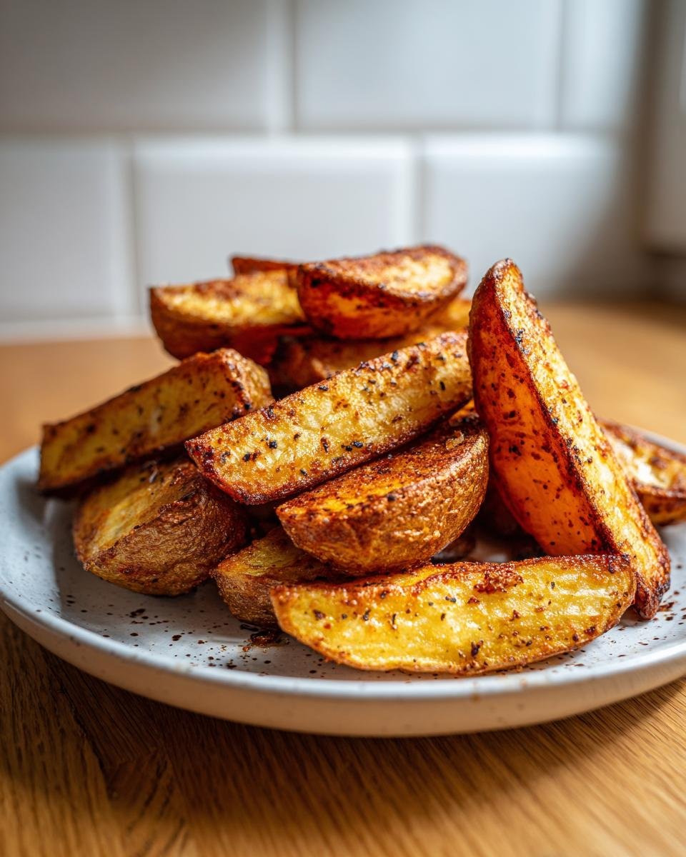 A close-up of a pile of golden brown, seasoned Crispy Air Fryer Garlic Roasted Potato Wedges on a speckled white plate.