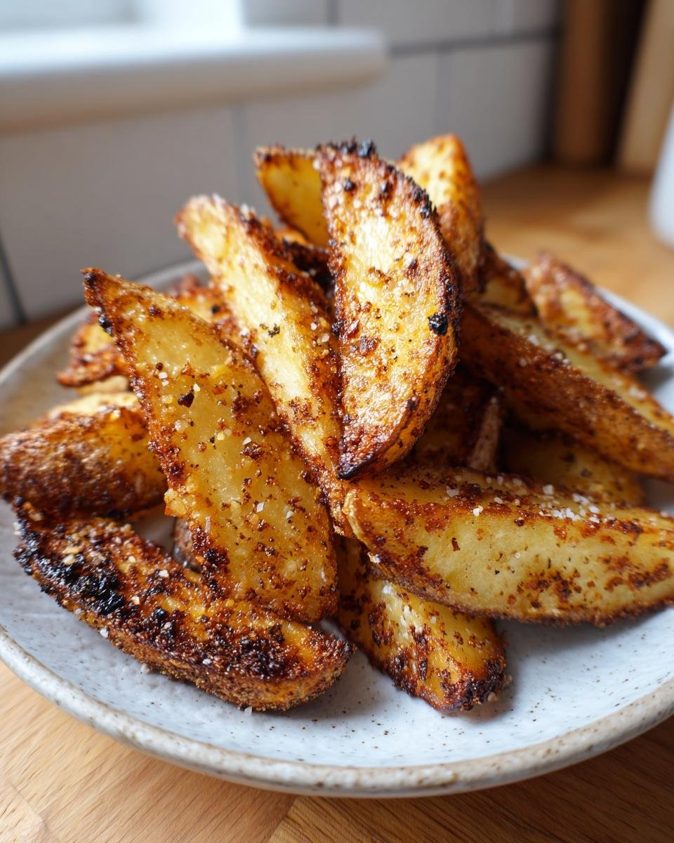 A close-up of golden, crispy air fryer garlic roasted potato wedges seasoned with spices and coarse salt.