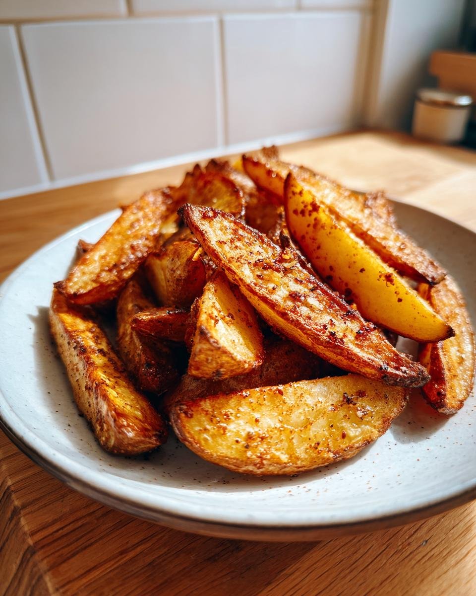 A plate piled high with golden brown, crispy air fryer garlic roasted potato wedges seasoned with spices.
