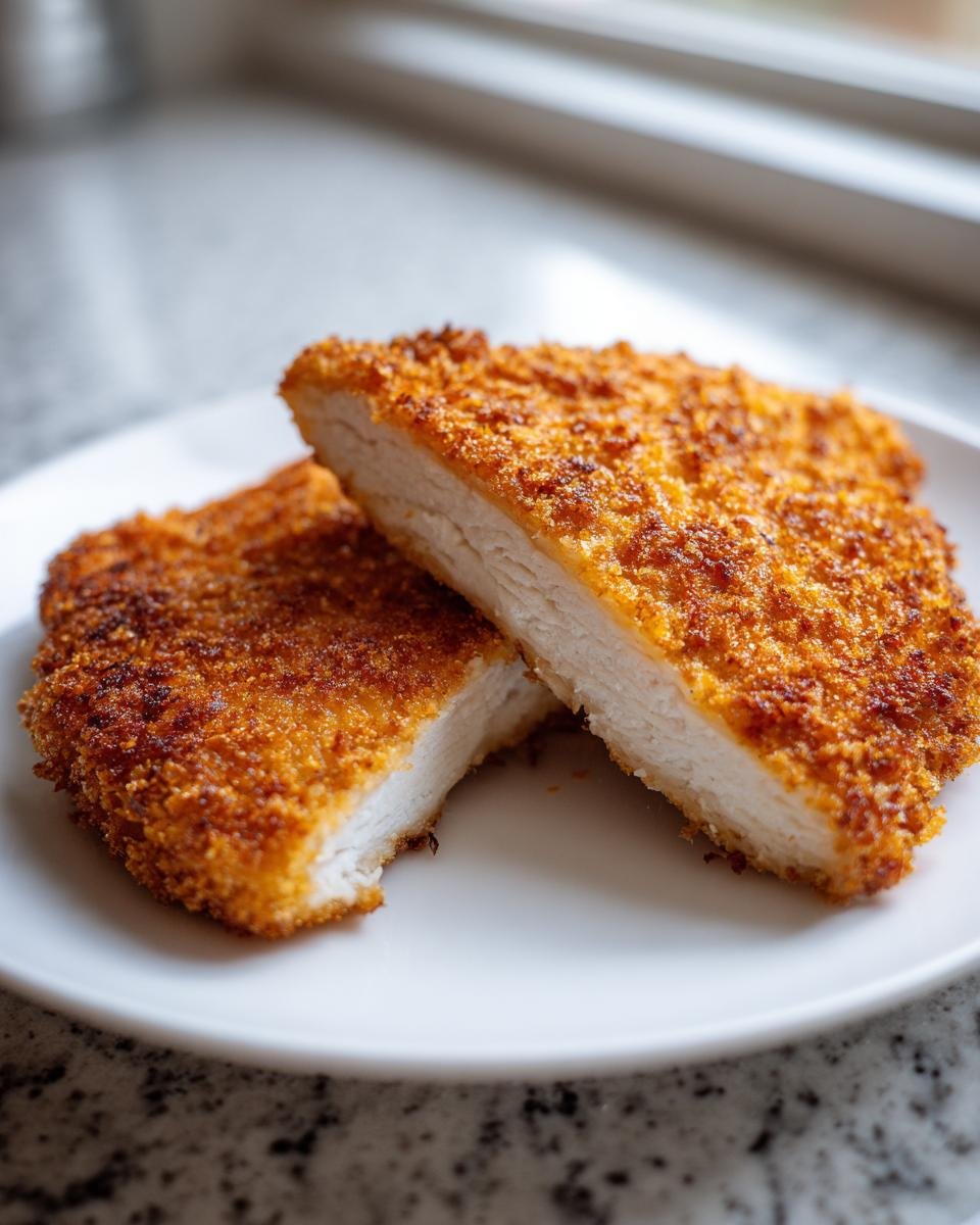 Two halves of a perfectly cooked Crispy Breaded Chicken Cutlets showing the juicy white meat inside and the golden, crunchy breading.