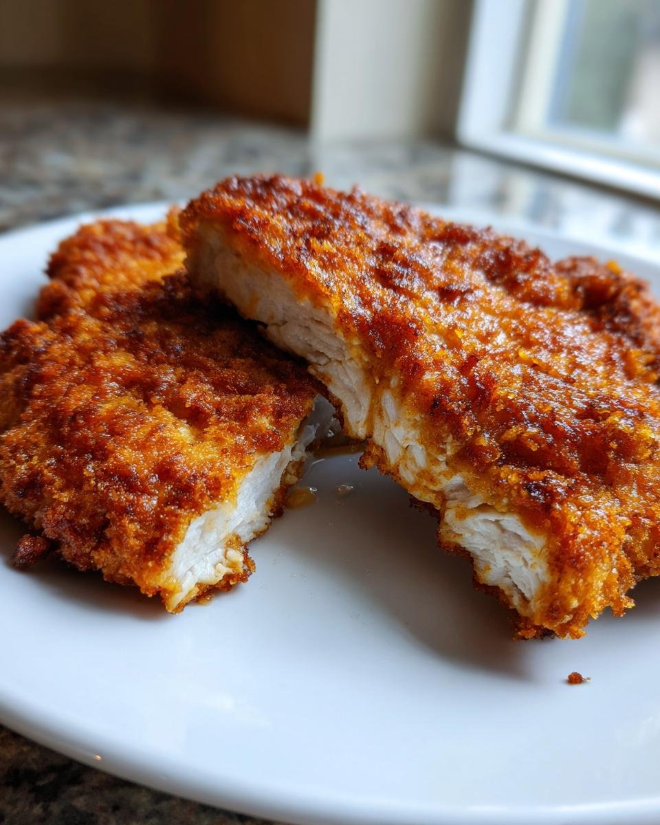 Close-up of Crispy Breaded Chicken Cutlets cut in half showing juicy white meat inside.