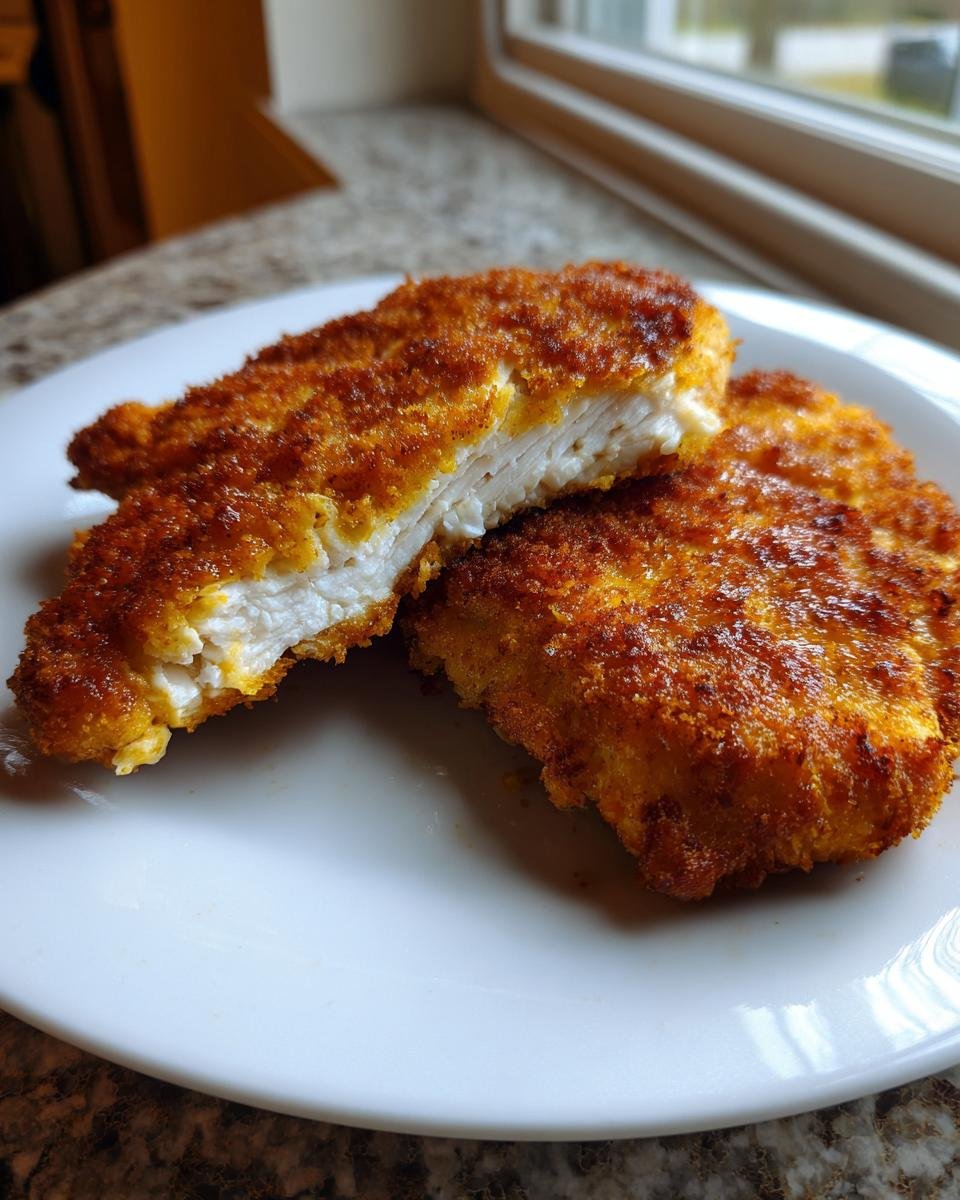 Two golden brown Crispy Breaded Chicken Cutlets on a white plate, one cut in half showing juicy white meat inside.