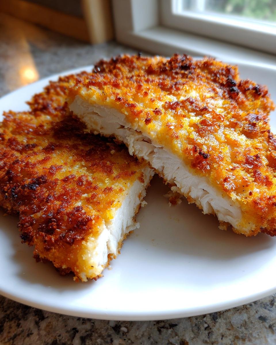 Cross-section view showing the juicy white meat inside the golden, crispy breading of Crispy Breaded Chicken Cutlets.