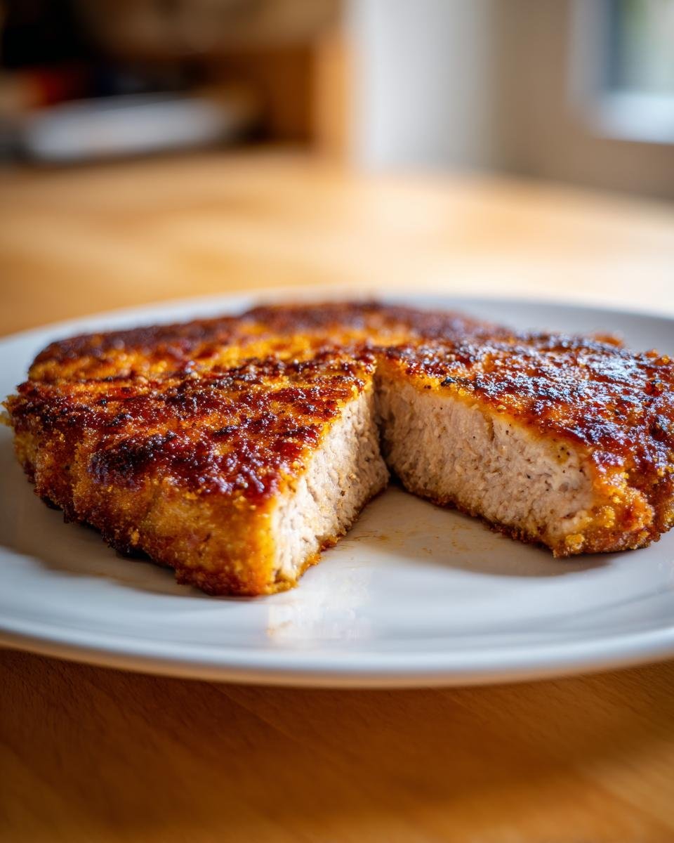 Close-up of a golden brown Crispy Chicken Milanese cutlet sliced in half, showing the juicy interior.