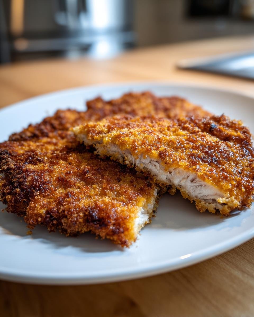 Close-up of golden brown, crispy Chicken Milanese cutlets on a white plate, one piece is broken to show the tender white meat inside.