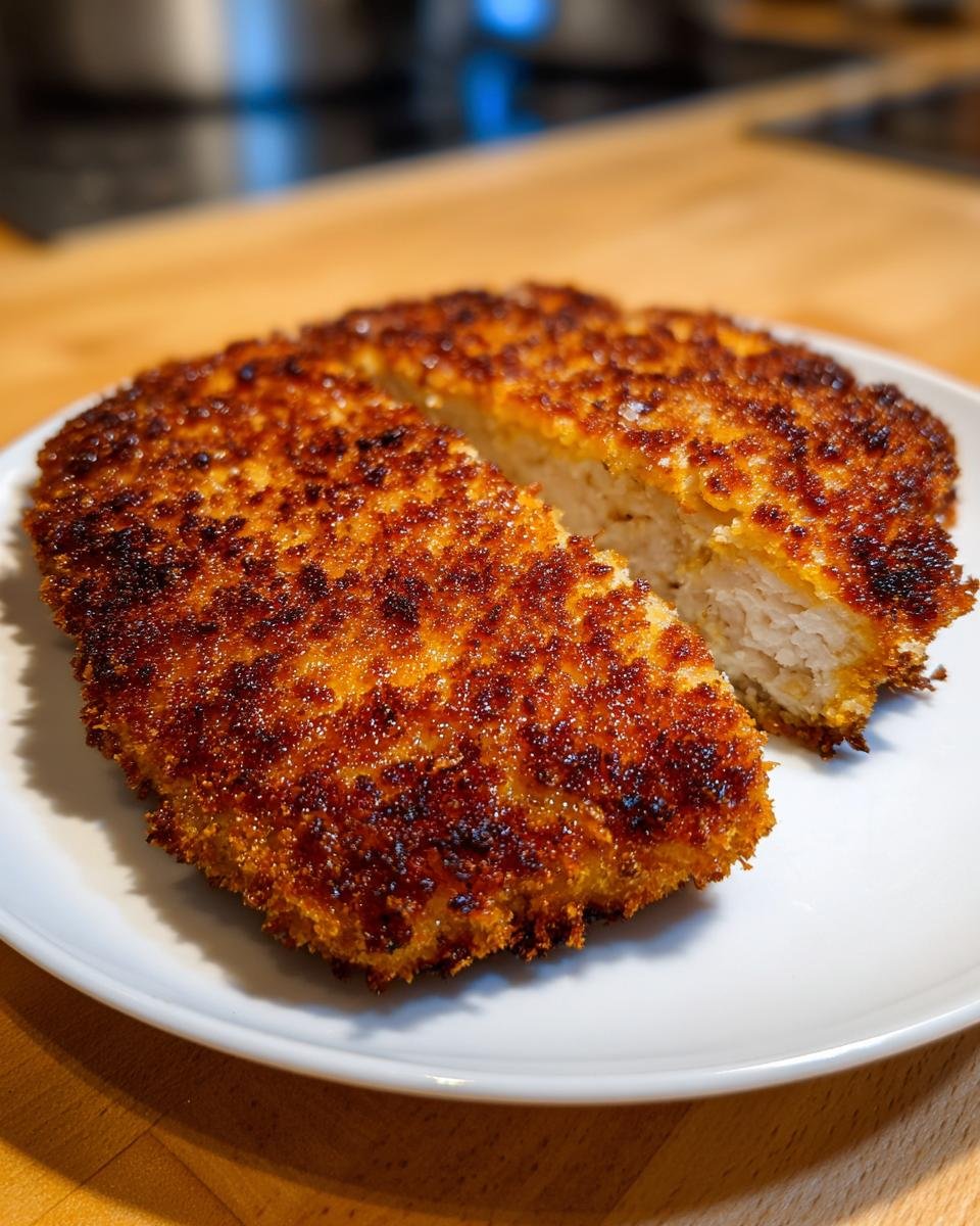 Close-up of a golden brown, crispy Chicken Milanese cutlet sliced in half showing the tender white chicken inside.