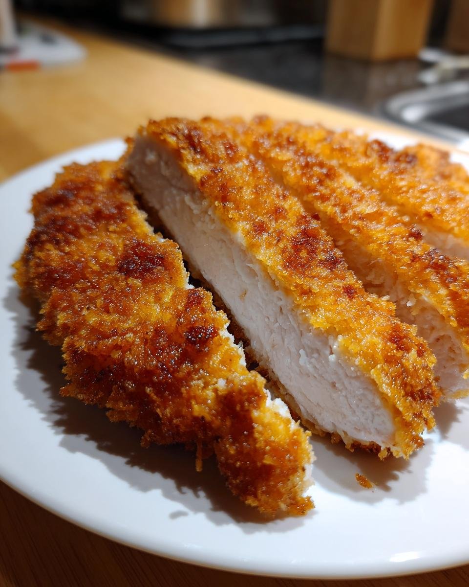 Close-up of sliced Crispy Chicken Milanese showing the golden, crunchy breading and moist white meat interior.