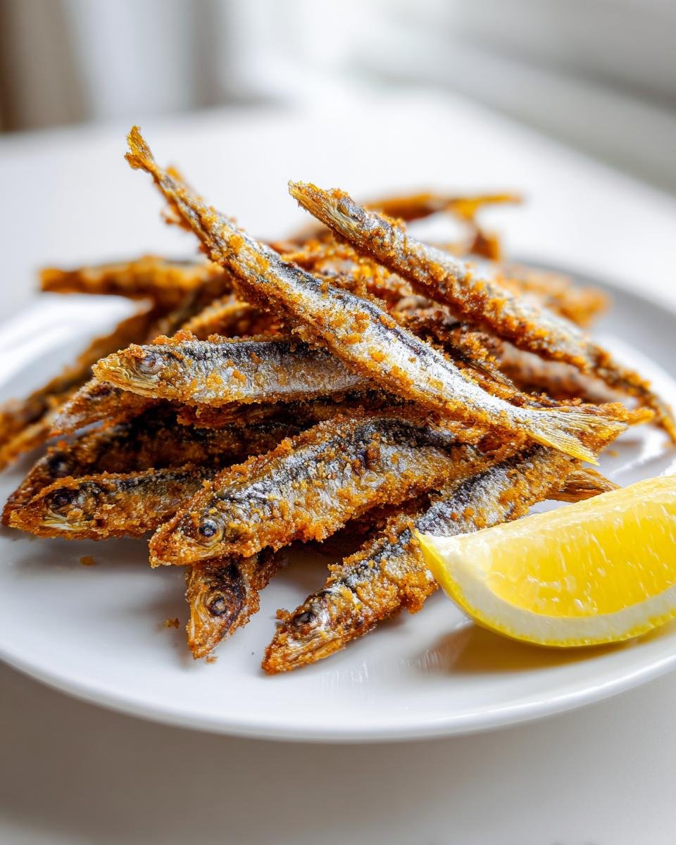 A pile of golden, Crispy Fried Fresh Anchovies served on a white plate with a bright yellow lemon wedge.