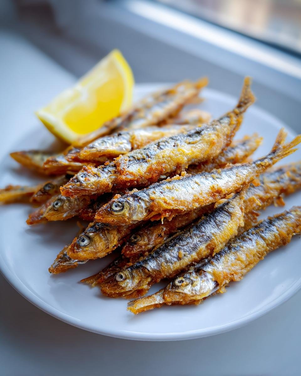 A plate piled high with golden brown Crispy Fried Fresh Anchovies, served with a bright lemon wedge.