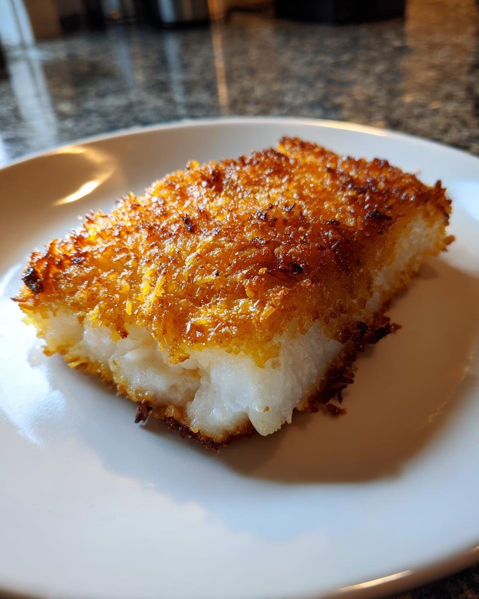 A close-up of a flaky white fish fillet with a golden, crispy potato crust served on a white plate.
