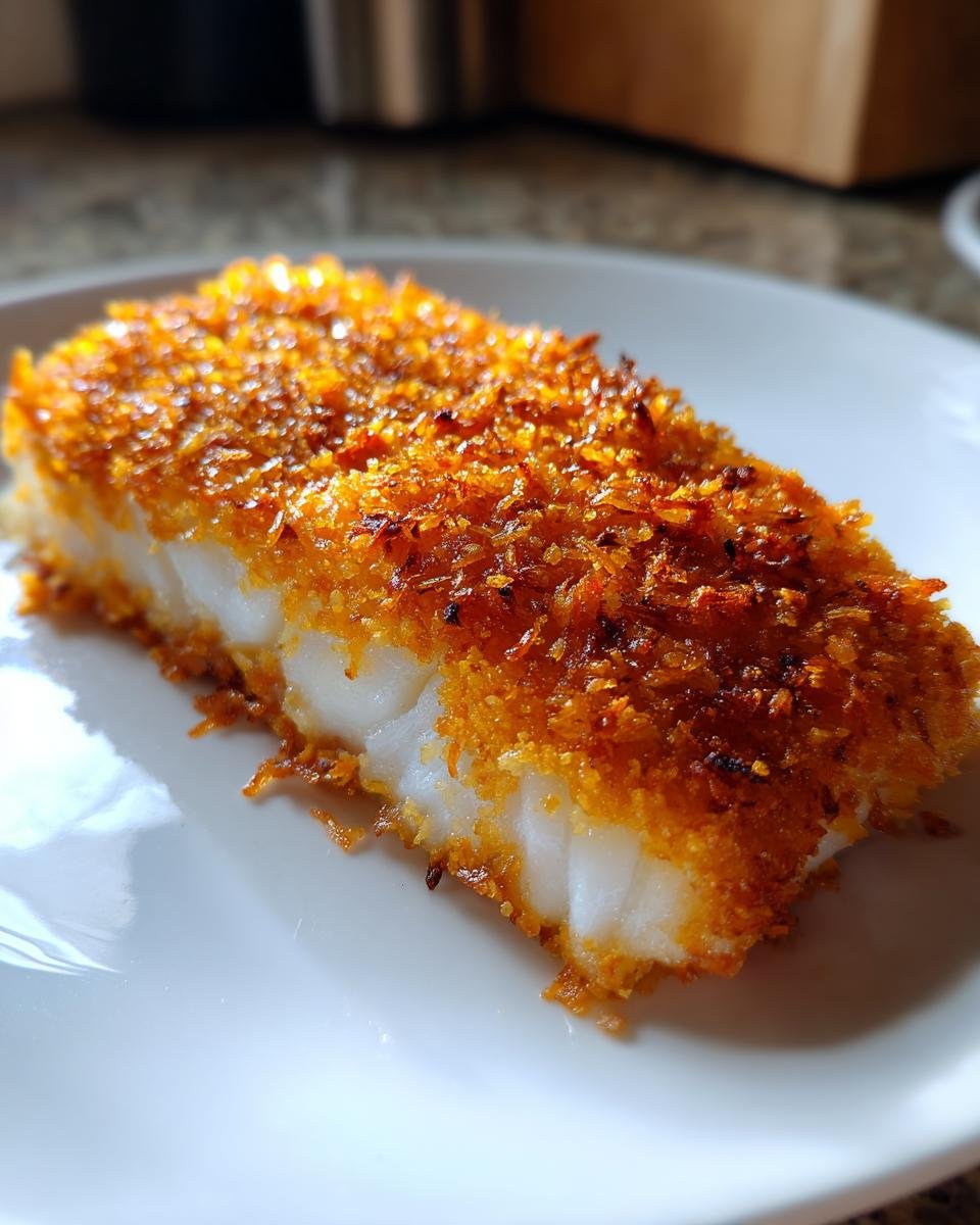A perfectly cooked fish fillet with a thick, golden-brown, crispy potato crust, served on a white plate.
