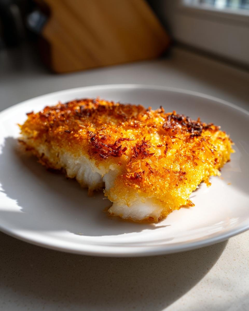A golden-brown piece of Irresistible Crispy Potato Crusted Fish Fillet resting on a white plate.